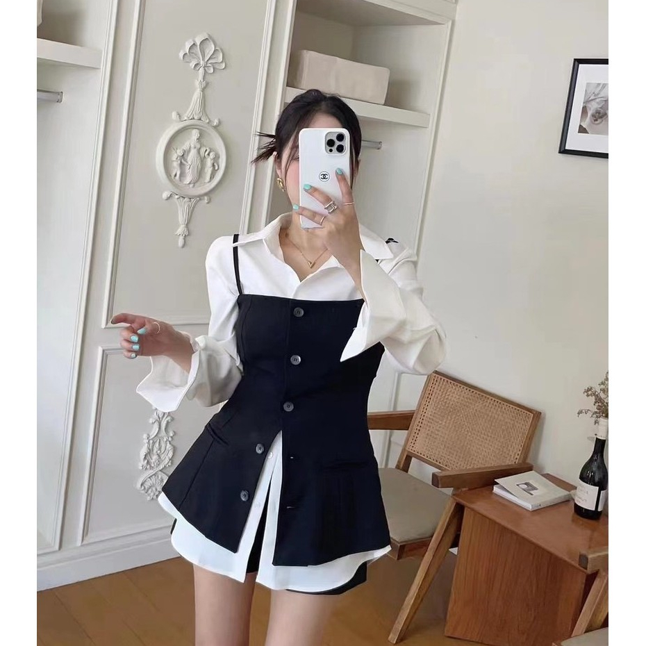 เสื้อแขนยาวคอปกทรงหลวมกระดุมแถวเดียวสไตล์เกาหลี 240717