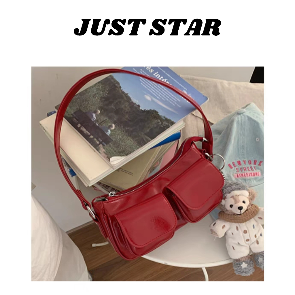 Juststar กระเป๋ารถจักรยานยนต์หญิง French niche สีแดงแฟชั่นเนื้อมือถือกระเป๋าสะพายไหล่เดียว