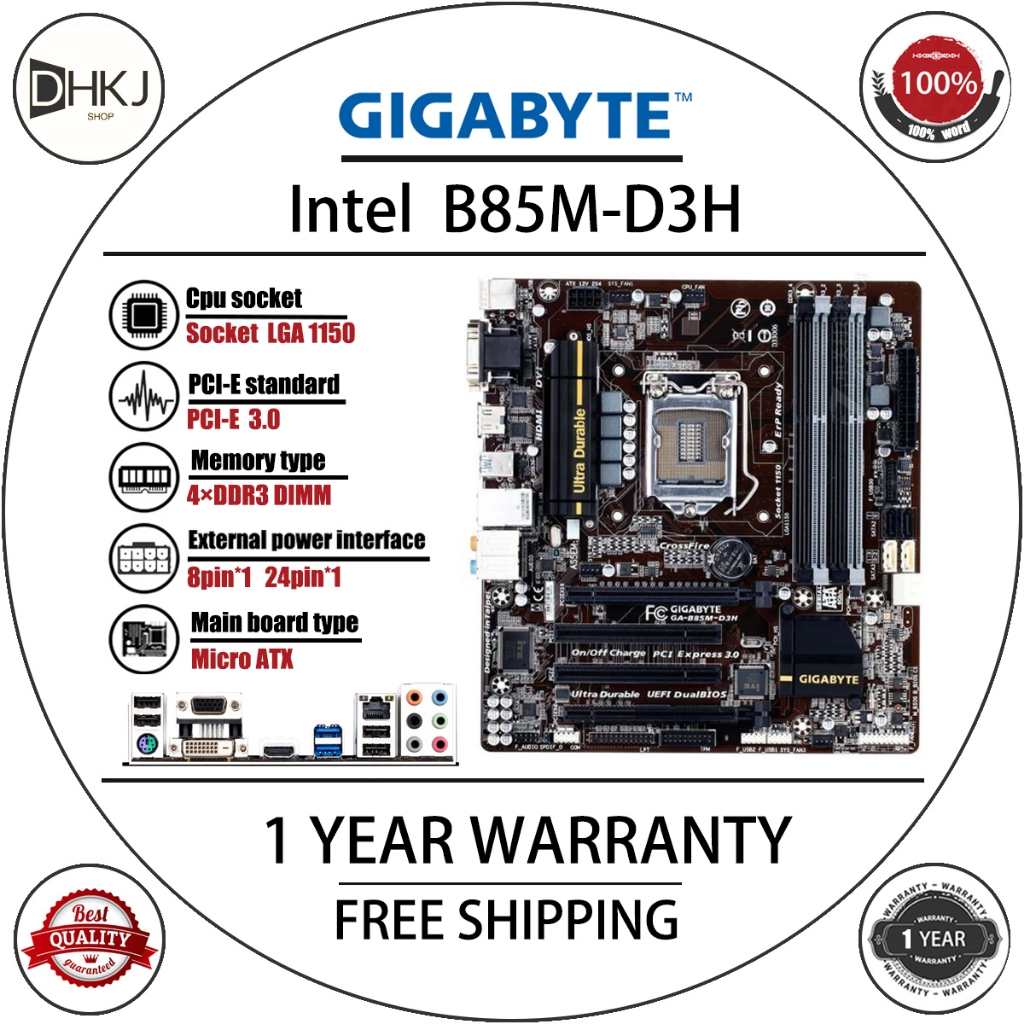 ใช้ Gigabyte GA-B85M-D3H B85 Z87 LGA 1150 Core i7/i5/i3/Pentium/Celeron DDR3 32G Micro ATX เดิม