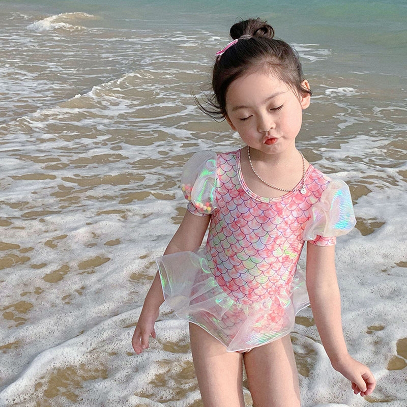 Babygarden-6 เดือน -5 ปี ชุดว่ายน้ํานางเงือก ฤดูร้อน เกล็ดปลา พิมพ์ลาย แขนพัฟ ชุดว่ายน้ําชายหาด ชุดว่ายน้ํา
