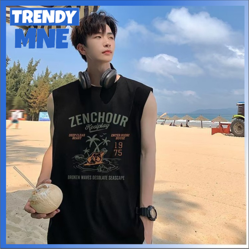 (TH ในสต็อก)เสื้อกล้ามชายอเมริกันแฟชั่นแบรนด์พิมพ์กีฬาด้านบนร้อยเทรนด์หลวมสบาย ๆ แขนกุด t