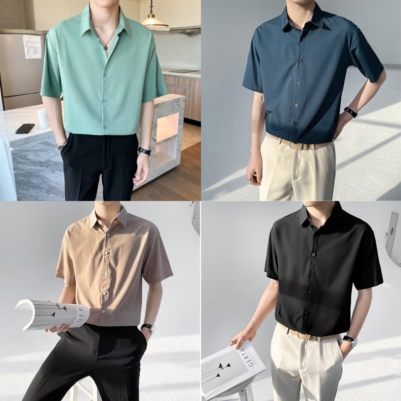 จัดส่งจากประเทศไทย COD เสื้อเชิ้ตผู้ชายเกาหลีแขนสั้นสีพื้นใส่สบายไม่ต้องรีดชายเรโทร4สี