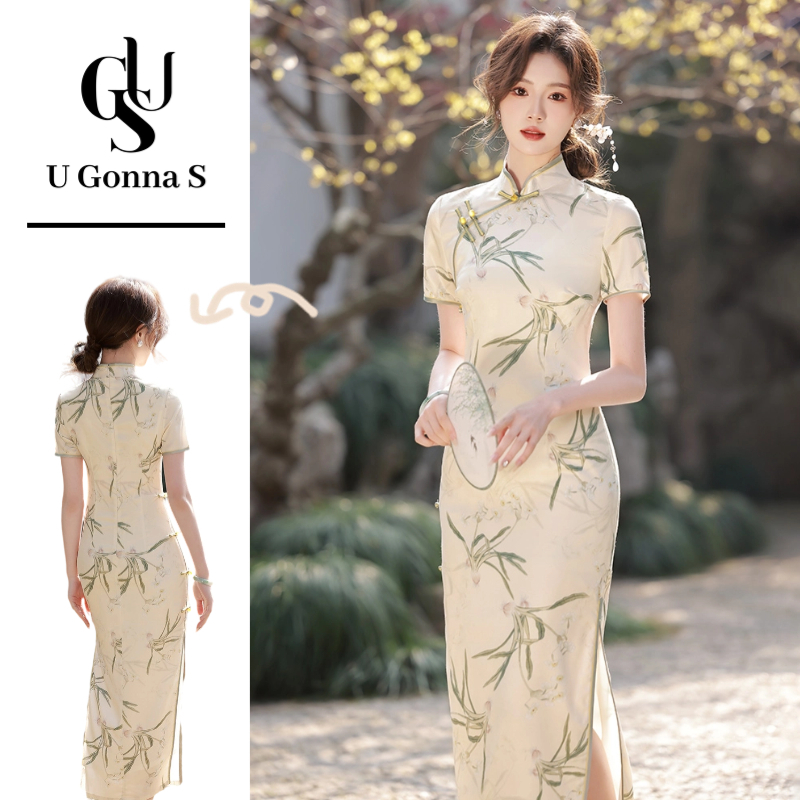 U Gonna S ชุดยาว Cheongsam 2024 โมเดิร์นสําหรับผู้หญิงด้านข้างแขนสั้น Bodycon Elegant เซ็กซี่แฟชั่นออกแบบเสื้อผ้าแบบดั้งเดิมดอกไม้ยืดอาหารค่ํา ชุดคลุมเสื้อขนาดใหญ่ Plus Size