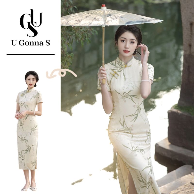 U Gonna S ชุดยาว Cheongsam 2024 โมเดิร์นสําหรับผู้หญิงด้านข้างแขนสั้น Bodycon Elegant เซ็กซี่แฟชั่นออกแบบเสื้อผ้าแบบดั้งเดิมดอกไม้ยืดอาหารค่ํา ชุดคลุมเสื้อขนาดใหญ่ Plus Size