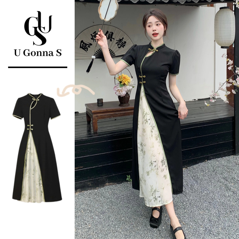 U Gonna SชุดยาวCheongsam 2024 สําหรับผู้หญิงแขนสั้นA-line Elegantแบบดั้งเดิมเสื้อผ้าสําหรับวัดสบายๆทุกวันOccasionsชุดนักเรียนสีดําชุดยาวยืด