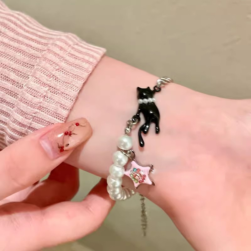 สร้อยข้อมือมุกดาราแมวสีดําเกาหลีหญิงอินหวานเย็นของขวัญนักเรียนสไตล์ y2k