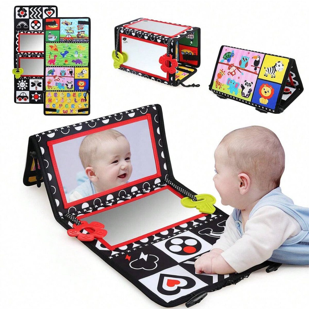 เด็ก Tummy Time Mirror ของเล่นความคมชัดสูงสีดําและสีขาวกิจกรรมหนังสือ Montessori Sensory ของเล่นสําหรับทารก