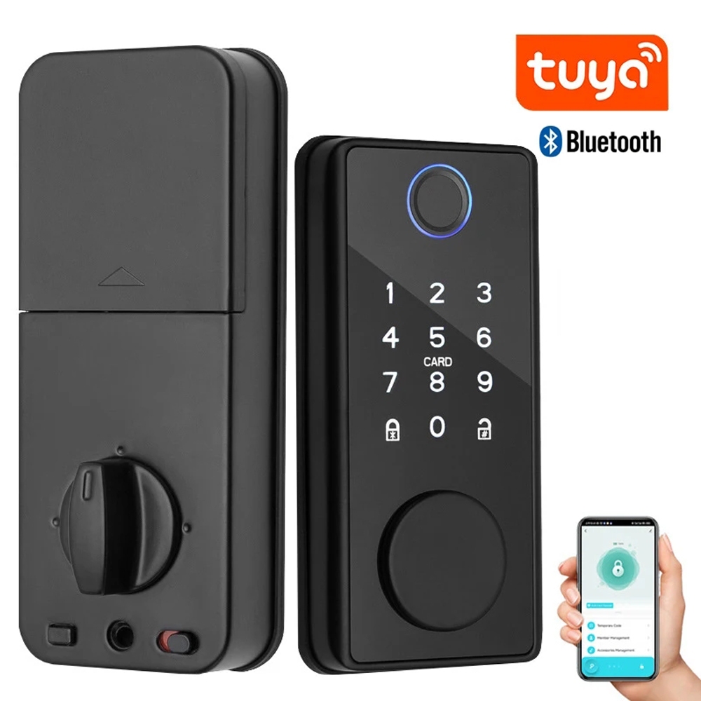 Tuya สมาร์ทล็อคประตูไม้รหัสผ่านลายนิ้วมือบลูทูธอิเล็กทรอนิกส์ Deadlock Mechanical Key ล็อคอัตโนมัติ APP Digital Dead Bolt ล็อค