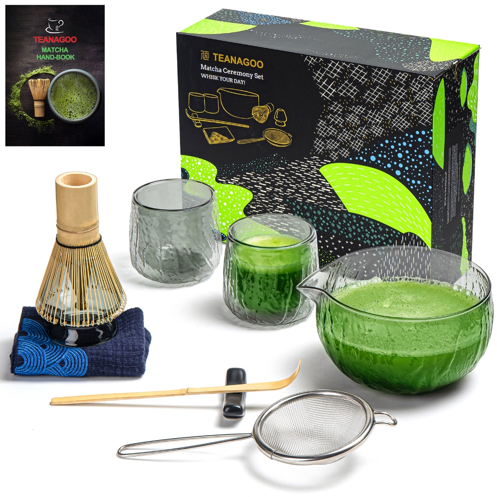 Teanagoo Matcha Set Matcha Whisk Matcha Bowl with Ste Spout Scoop Matcha Whisk Holder Tea Making Kit. ชุดน้ําชาญี่ปุ่น (7ชิ้น) + 2ถ้วย(5.4ออนซ์),ส21,แก้วใส,กล่องบรรจุสี