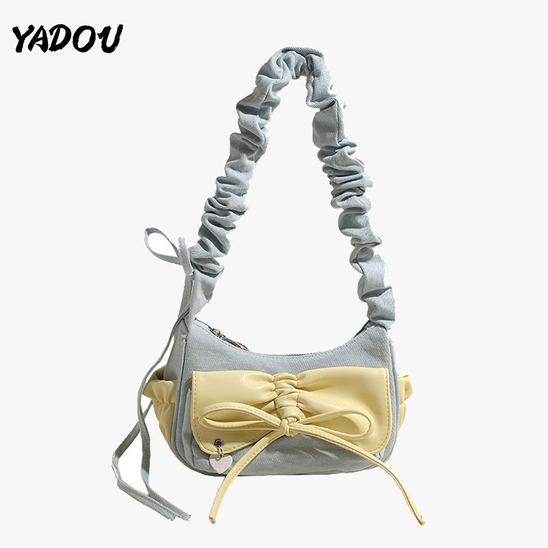 Yadou กระเป ๋ าใต ้ วงแขนยีนส ์ ล ้ างเกาหลี Niche ins กระเป ๋ าสะพายไหล ่ ดีไซน ์ โบว ์