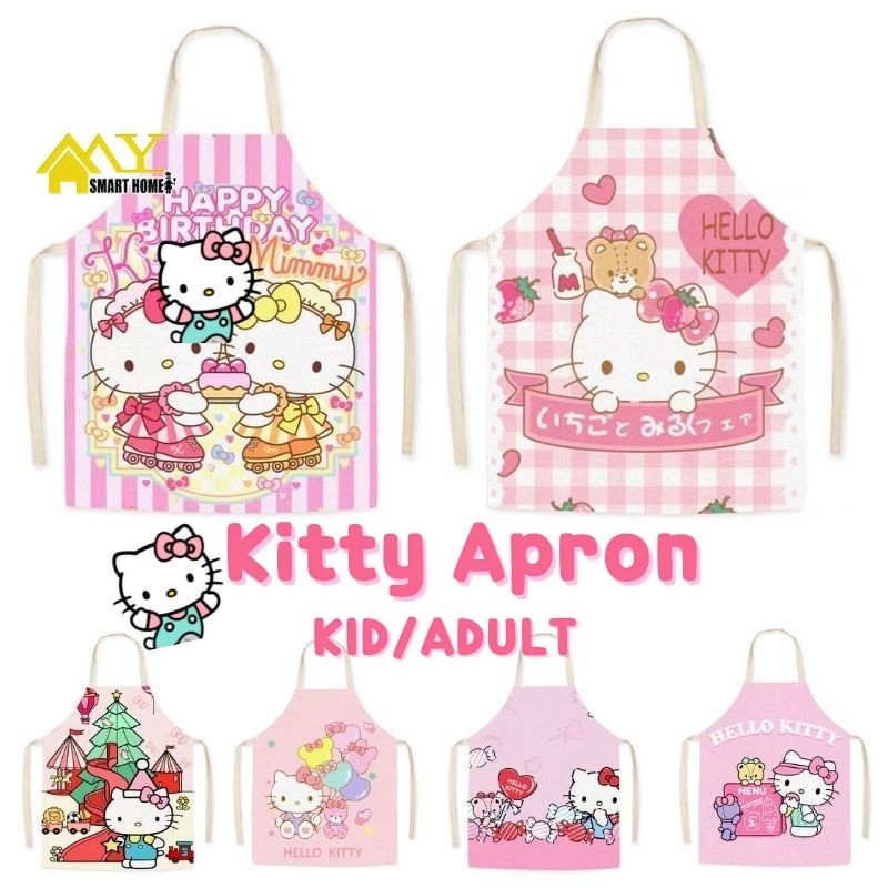 ผ้ากันเปื้อนครัวกันน้ําเด็ก/ผู้ใหญ่ ลาย Hello Kitty ผ้าฝ้าย/ซิลิโคน สําหรับบาร์บีคิว/เชฟ/ครัว แขวนคอ