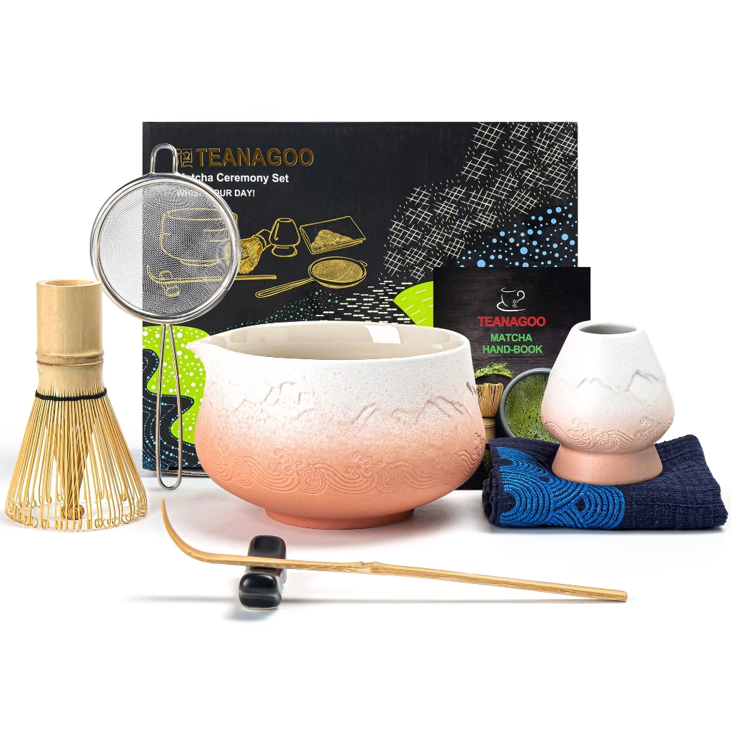 Teanagoo chawan ถ้วยมัทฉะ matcha bowl Japanese Whisk (7 ชิ้น) Matcha Set Mtacha Kit Bowl with Ste Spout Bamboo Whisk (chasen) Scoop (chashaku) Matcha Whisk Holder.N35,Gradient Pink White