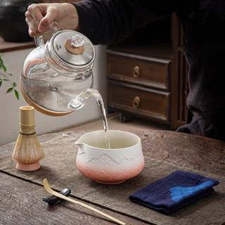 Teanagoo chawan ถ้วยมัทฉะ matcha bowl Japanese Whisk (7 ชิ้น) Matcha Set Mtacha Kit Bowl with Ste Spout Bamboo Whisk (chasen) Scoop (chashaku) Matcha Whisk Holder.N35,Gradient Pink White