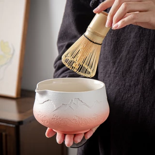 Teanagoo chawan ถ้วยมัทฉะ matcha bowl Japanese Whisk (7 ชิ้น) Matcha Set Mtacha Kit Bowl with Ste Spout Bamboo Whisk (chasen) Scoop (chashaku) Matcha Whisk Holder.N35,Gradient Pink White