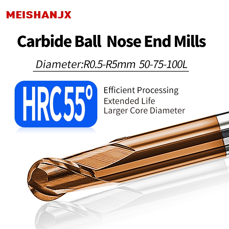 ชม 55° 2 ขลุ่ยคาร์ไบด์บอลปลายจมูกโรงสีเหล็กทังสเตน CNC Milling Cutter R0.5mm - R5mm Endmill
