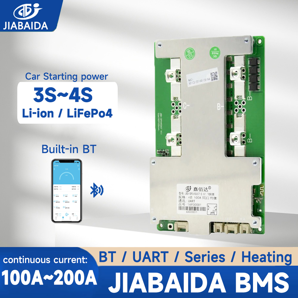 Jiabaida สมาร์ท BMS 4S 12V 100A 200A LiFePo4 แบตเตอรี่ Li-ion BMS UART เครื่องทําความร้อน Series JBD