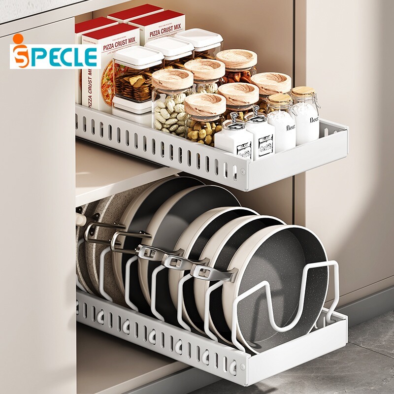 iSPECLE【ระยะห่างปรับได้】ชั้นวางฝาหม้อแบบดึกออกได้ ชั้นวางฝาหม้อในครัว พร้อมรางเลื่อนได้