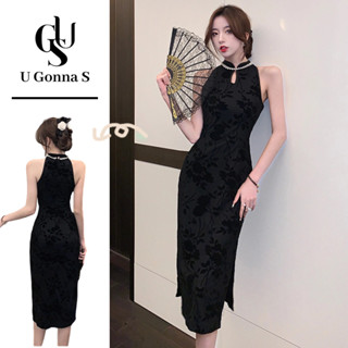 U Gonna S ชุดเดรสกี่เพ้ายาว แขนกุด ประดับไข่มุก สไตล์จีน เซ็…