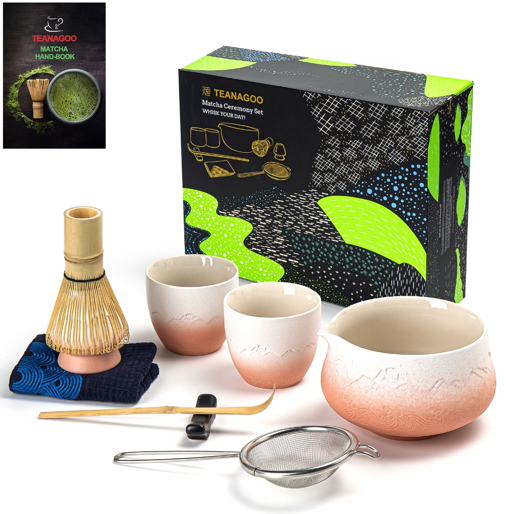 Teanagoo Matcha Set Matcha Whisk Matcha Bowl with Ste Spout Scoop Matcha Whisk Holder Tea Making Kit. ชุดน้ําชาญี่ปุ่น (7 ชิ้น) + 2 ถ้วย(7.2 ออนซ์),S34,Gradient White Black,กล่องสี