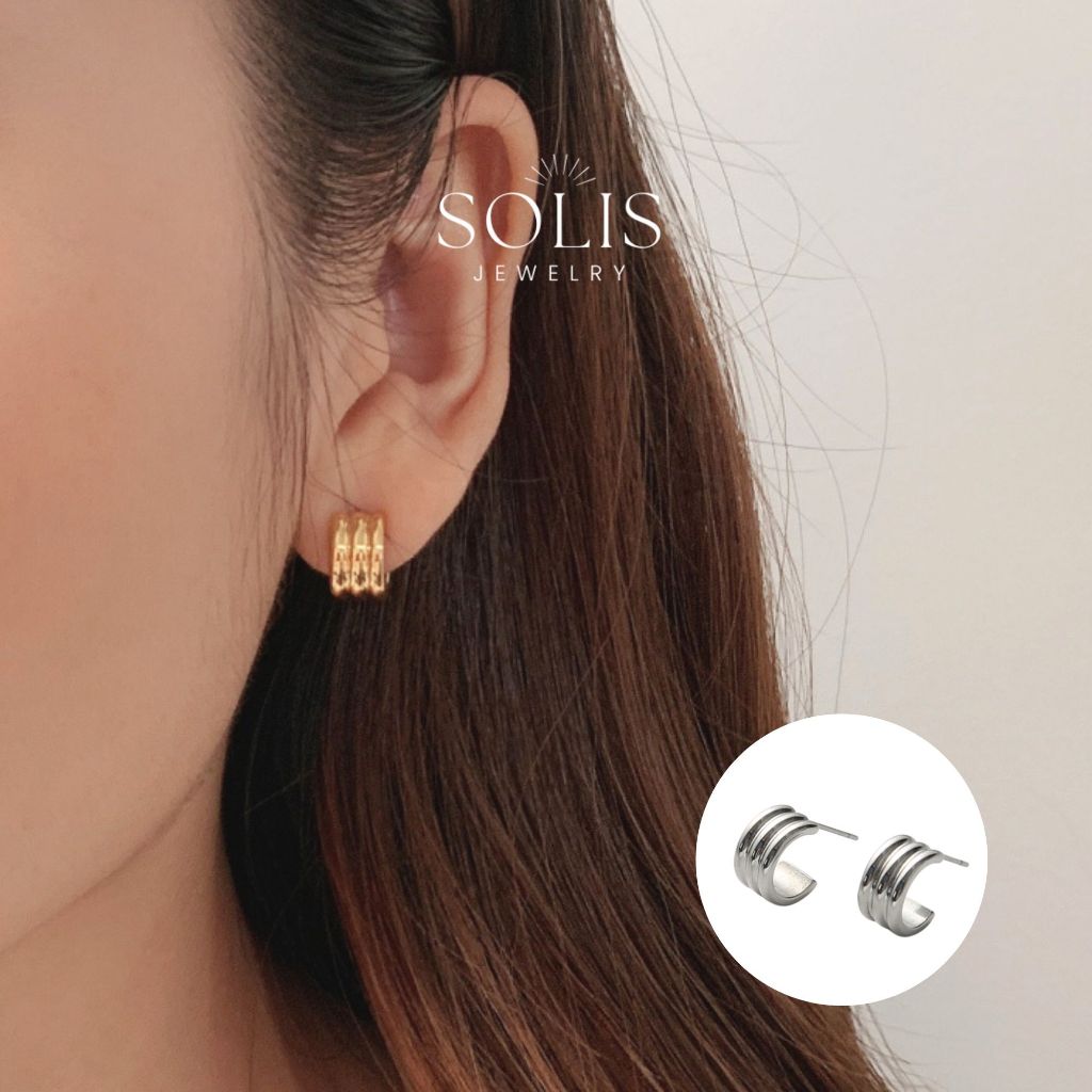 ต่างหูห่วงเล็กสามชั้นชุบทอง 18K • ต่างหูงบ Hypoallergenic • เหล็กไทเทเนียมสแตนเลส ER220