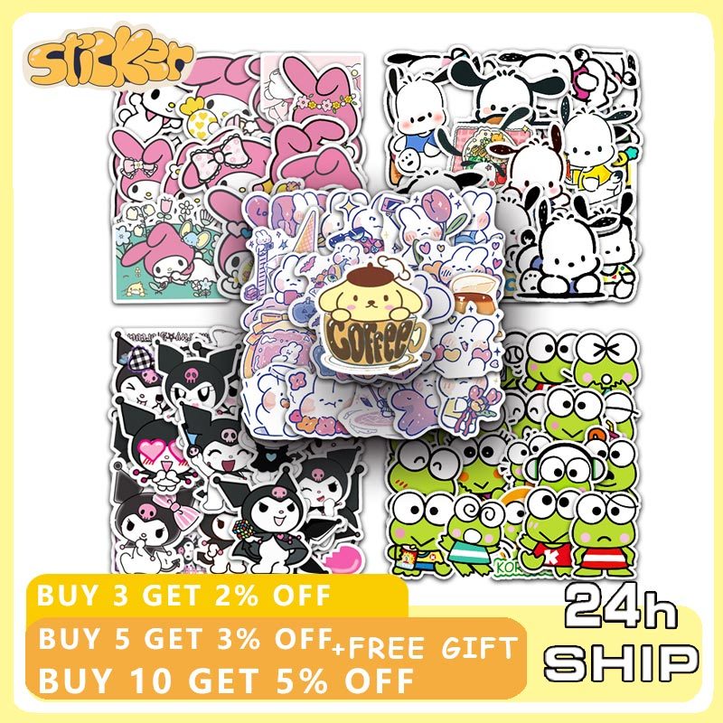 50 ชิ้น Kawaii My Melody Kuromi Hello Kitty สติกเกอร์สําหรับเด็กสาวน่ารักการ์ตูน Sanrio สติกเกอร์