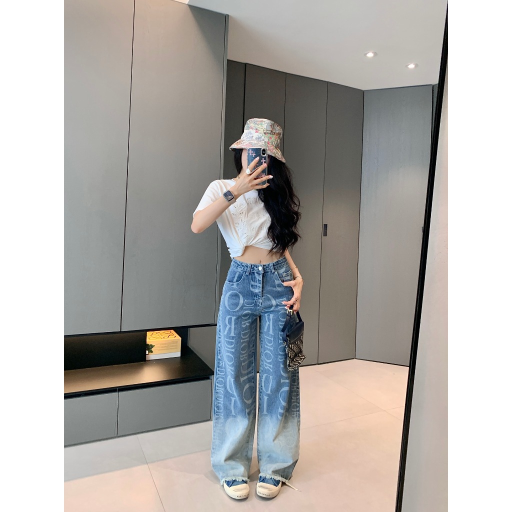 Dior Jeans ใหม่ Casual All-Match Letter Gradient Jeans ผู้หญิง