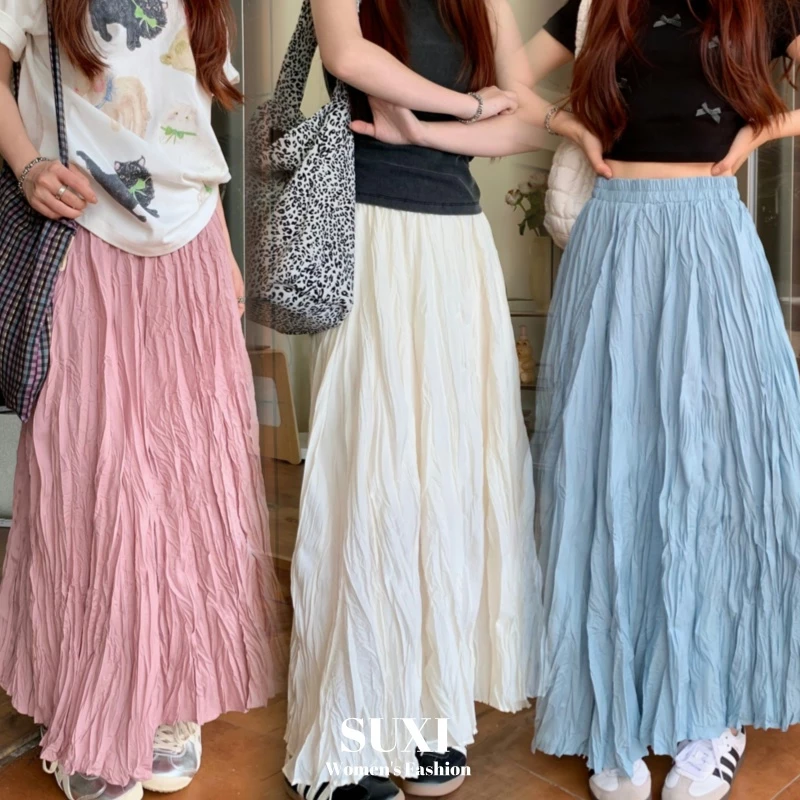 Suxi ใหม่แฟชั่นฤดูร้อน Maxi กระโปรงสไตล์เกาหลีจีบผู้หญิง Midi ความยาวกระโปรงทรงเอ 240421