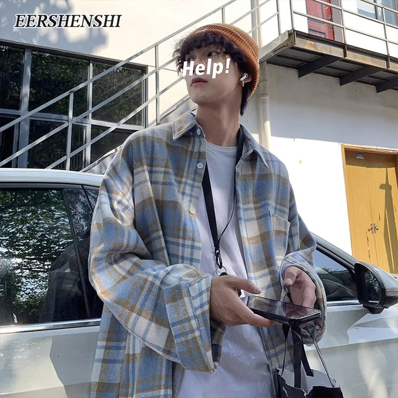 EERSHENSHI เสื้อเชิ้ตผู้ชายลำลองแขนยาวเสื้อขนสัตว์ลายสก๊อตหลวมฤดูใบไม้ผลิแฟชั่นผู้ชายญี่ปุ่น