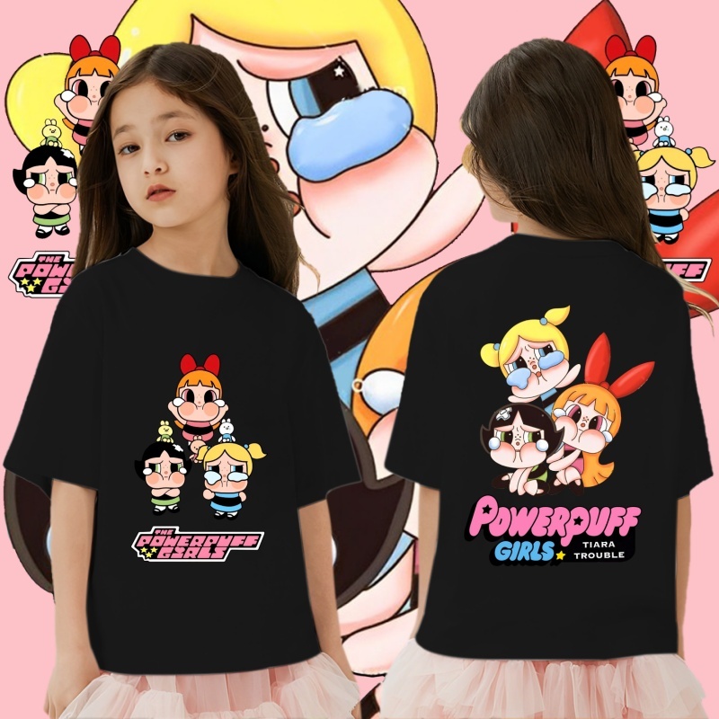 Crybaby X The Powerpuff Girls Children's T-shirt G11 เสื้อยืดแขนสั้นพิมพ์ลายน่ารักสำหรับเด็กผู้หญิง ผ้าฝ้ายเนื้อนุ่มมีให้เลือก 5 สี 100-150cm