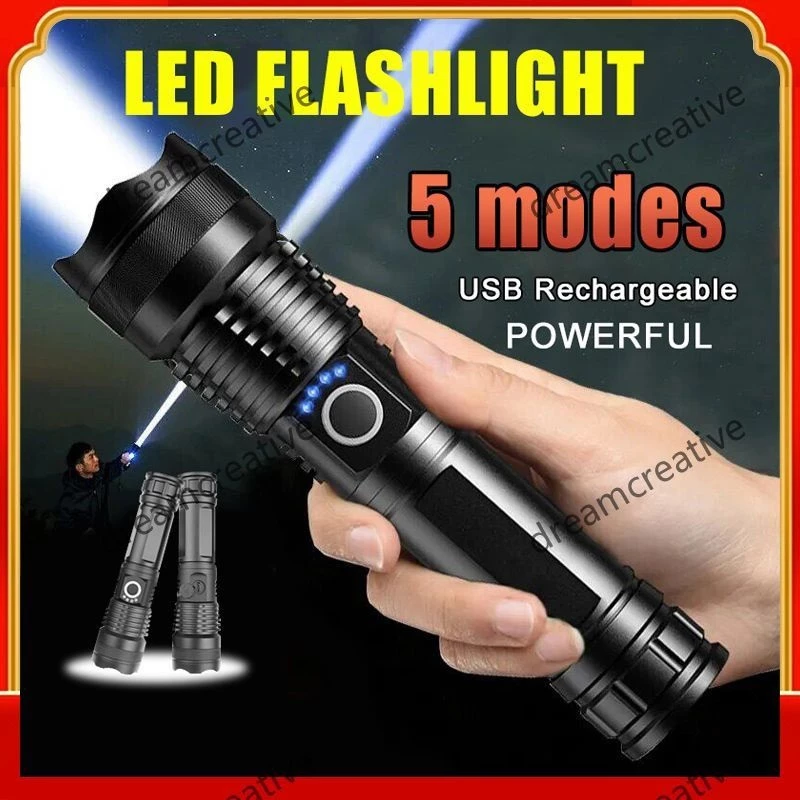 XINSITE ไฟฉายแรงสูง Led ไฟฉายยุทธวิธี USB ชาร์จ (พร้อมแบตเตอรี่ 18650) Cree XHP50
