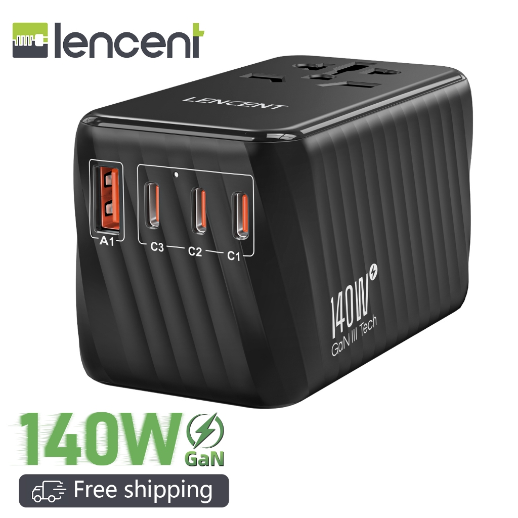 Lencent 140W Universal Travel Adapter, International Plug Adaptor, GaN Fast Charger 3 Type C+1 USB A, All in One Travel Essentials, ตัวแปลงเต้าเสียบทั่วโลกสําหรับ US to Europe