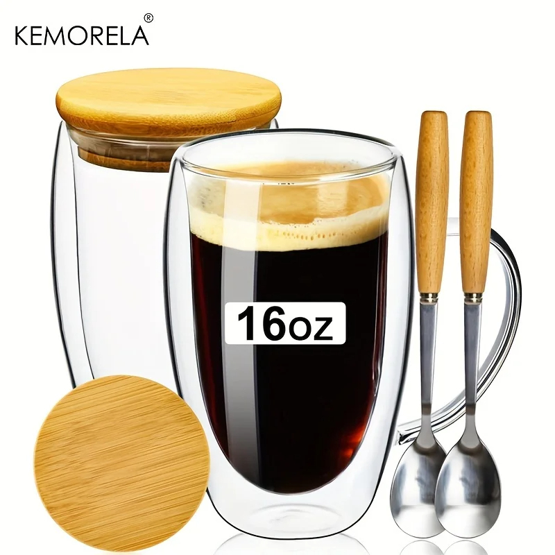 KEMORELA 2ชิ้น,350/450มล ถ้วยแก้วสองชั้นโปร่งใสพร้อมฝาครอบไม้ช้อนแก้วกาแฟในครัวเรือน,กาแฟคาปูชิโน่ถ้วยเอสเพรสโซ่,เครื่องดื่มนมชา,ใส