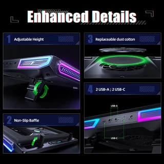 Llano V10 แล็ปท็อปคูลเลอร์ RGB แล็ปท็อป Cooling Pad Stand ที่มีประสิทธิภาพ 4.72 นิ้วภายนอก Turbo Cooling พัดลม Fast Cooling คอมพิวเตอร์ 13-17 นิ้ว 3 ขาตั้งปรับได้ 4-Port USB C&A