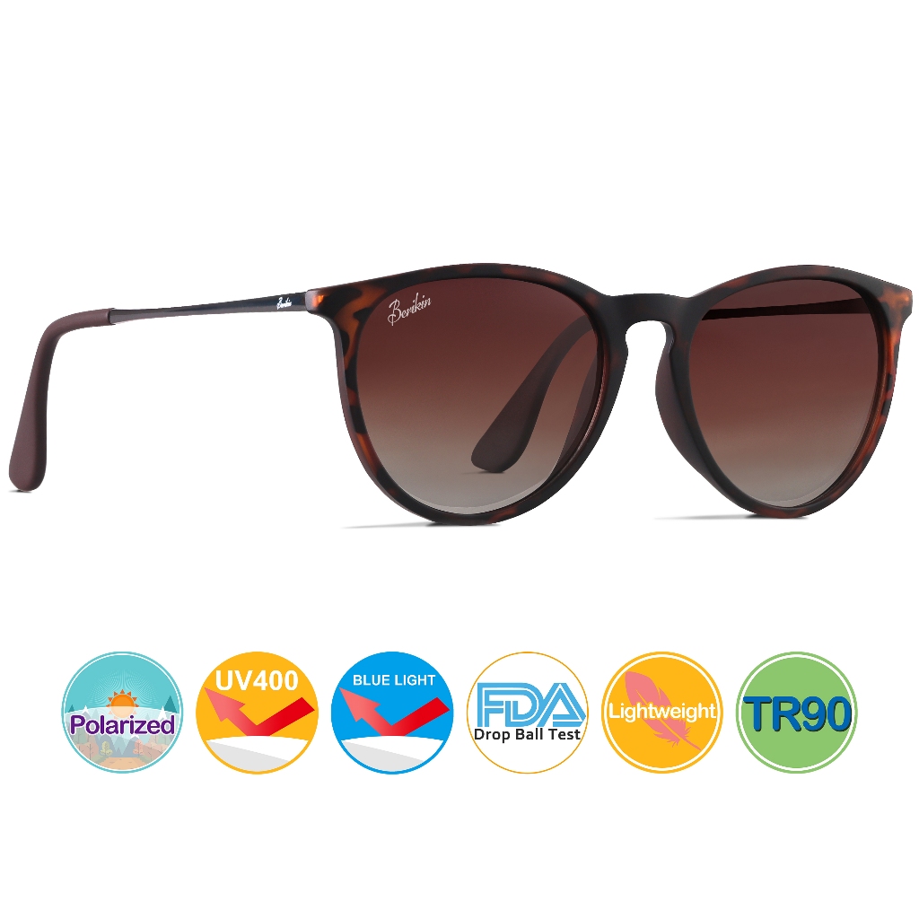 Berikin Polarized Classic Round Style แว่นตากันแดด TR90 เต่ากรอบพลาสติกสีน้ําตาลเลนส์ไล่โทนสีสําหรับผู้ชายผู้หญิง 100% UV400 ป้องกัน