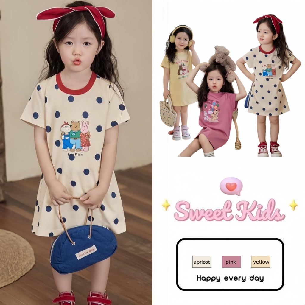 SweetKids พร้อมส่งจากกทม ชุดเดรสเด็กผู้หญิง แฟชั่น กระโปรงแขนสั้นเด็กคอกลม สไตล์เกาหลี ผ้านุ่มๆ ลําลอง ฤดูร้อน