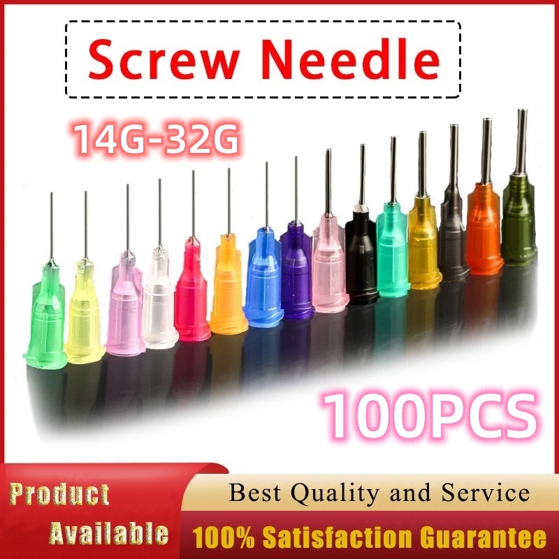 KUAIQU 100Pcs สกรูหัวฉีดเข็มพลาสติกเหล็ก หัวเข็มหยอดกาว ปลายสแตนเลส เข็มหยอดของเหลว วัสดุสิ้นเปลือง Dispenser อุปกรณ์เสริมเข็ม 14G/15G/16G/17G/18G/19G/20G/21G/22G/23G/25G/27G/30G/32G/34G