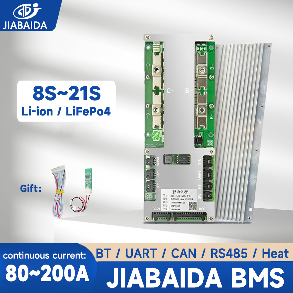 Jiabaida BMS 8S ~ 21S LiFePo4 Li-ion 10S 13S 14S 16S 20S 80 ~ 200A BT UART Active Balance JBD สมาร์ท