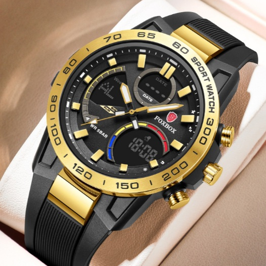 Foxbox นาฬิกาผู้ชายกันน้ํา Dual Display นาฬิกาดิจิตอล Luminous Sport นาฬิกาข้อมืออิเล็กทรอนิกส์