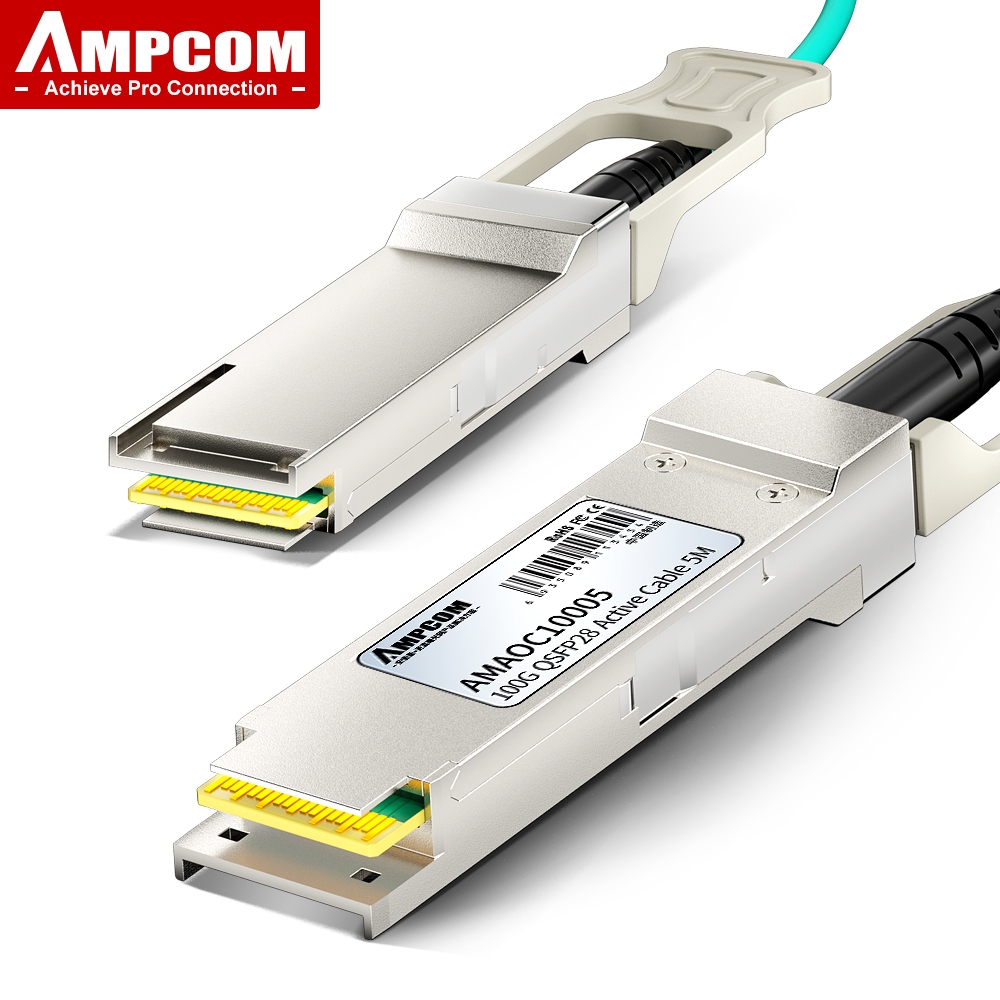 Ampcom 100G QSFP28 Active Opitical Cable (AOC) LSZH, เข้ากันได้กับ Cisco, Mikrotik, Fortinet, Ubiqui