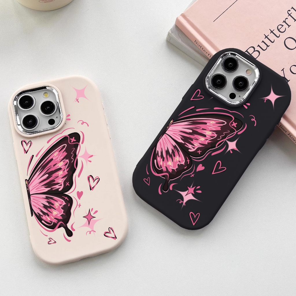 เคสโทรศัพท์กันกระแทกสําหรับiphone 16 15 Pro Max 14 13 12 11 Plus 4G 5GปลอกสีชมพูLucky Loveครึ่งผีเสื้อTPUซิลิโคนปกหลัง