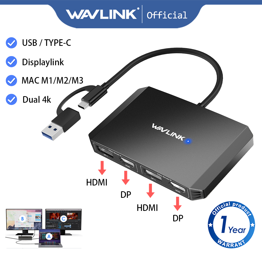 Wavlink อะแดปเตอร์ USB พร้อม Displaylink USB A TYPE C ถึง 2 จอภาพ HDMI หรือ Displayport 4K 5K 60HZ ส