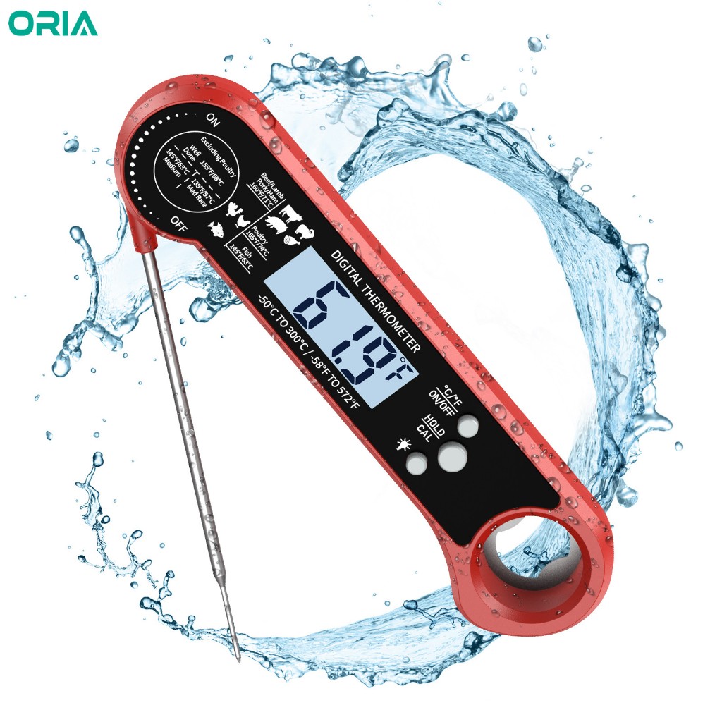 Oria เครื่องวัดอุณหภูมิอาหารแบบพับได้อ่านทันที Probe เครื่องวัดอุณหภูมิเนื้อพร้อม Backlight เปิด/ปิดอัตโนมัติสําหรับทําอาหารบาร์บีคิวย่างครัวนม
