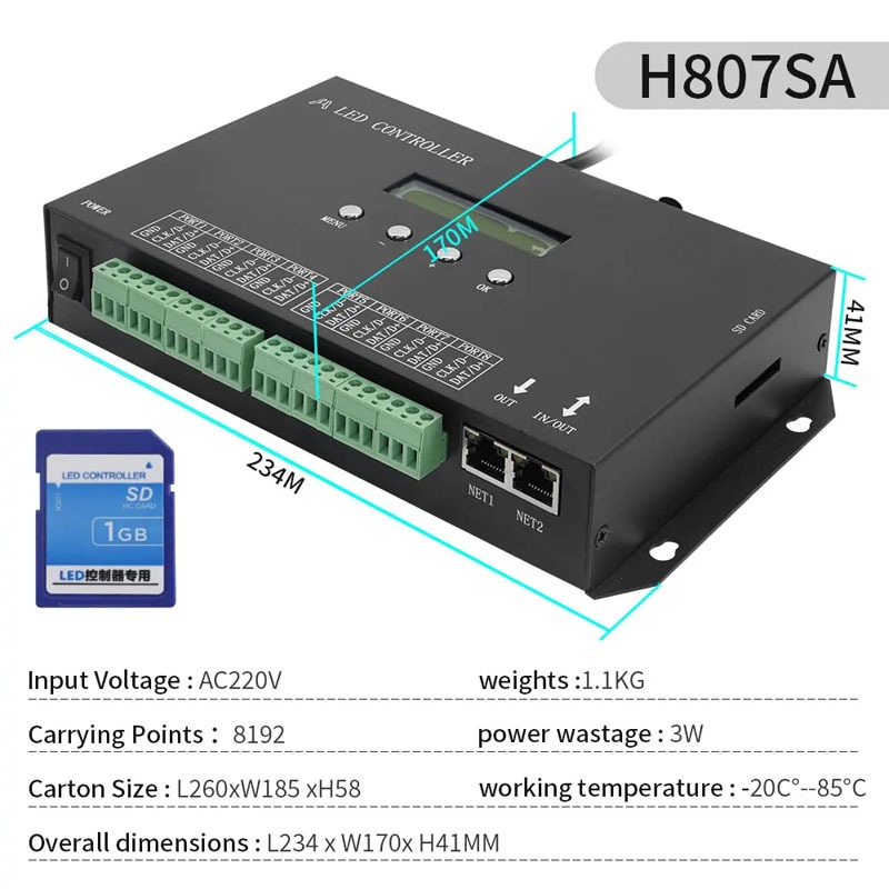 H807sa 8CH H807SB WIFI 4CH Artnet/DMX ถึง SPI Led Pixel Controller พร้อมการ์ด SD สําหรับ WS2811 WS28