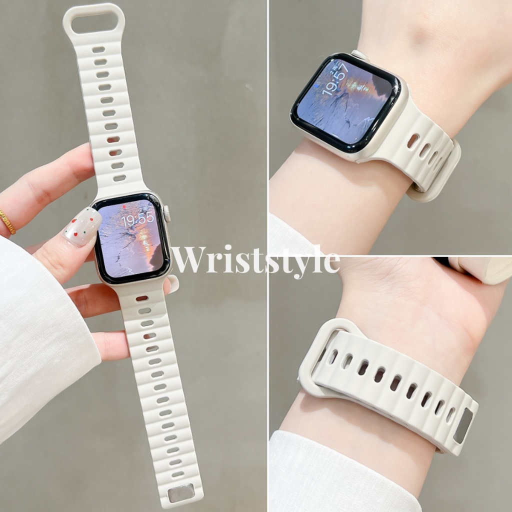 กีฬาซิลิโคน Wave สายนาฬิกาสําหรับ Apple Watch S9/8/7/6/5/4/3/2/1 SE2 ULTRA ผู้ชายผู้หญิงสร้อยข้อมือสําหรับ iWatch 49 มม.45 มม.44 42 41 40 38 Breathable