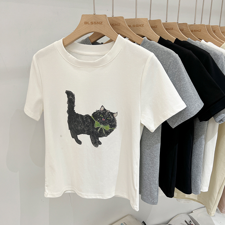 75279 Bunny/Kitten Print Round Neck White Short Sleeve t-Shirt Women