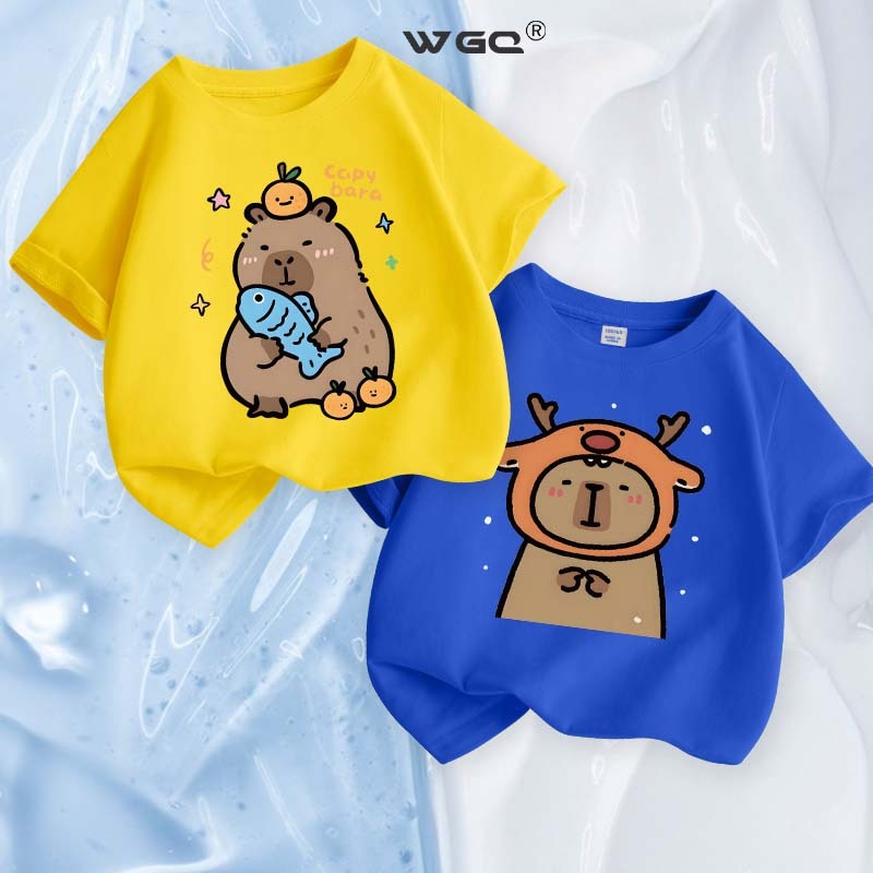 [110-160] WGQ เสื้อยืดแขนสั้น Capybara พิมพ์ลาย แฟชั่นฤดูร้อน เด็กชายแขนสั้น สาวแขนสั้น