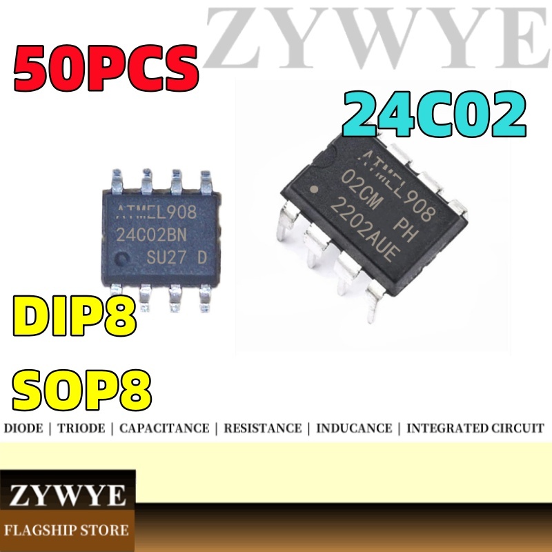 50 ชิ้น 24C02 ชิปหน่วยความจํา AT24C02AN 24C02N 24C02BN In-Line DIP8 Patch SOP8