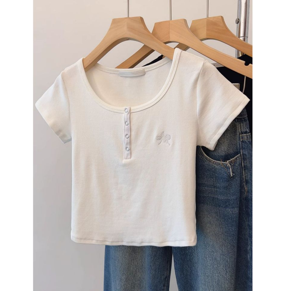 76277 ผ้าฝ้ายแท้ระบายอากาศเข้ารูปติดกระดุมแขนสั้นผู้หญิงที @-