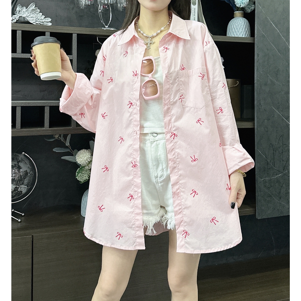 สไตล์เกาหลีผู้หญิงสุภาพสตรีหลวมโบว์พิมพ์ Oversize Baggy เสื้อเชิ้ตแขนยาวเสื้อ Baju Wanita Lengan Panjang
