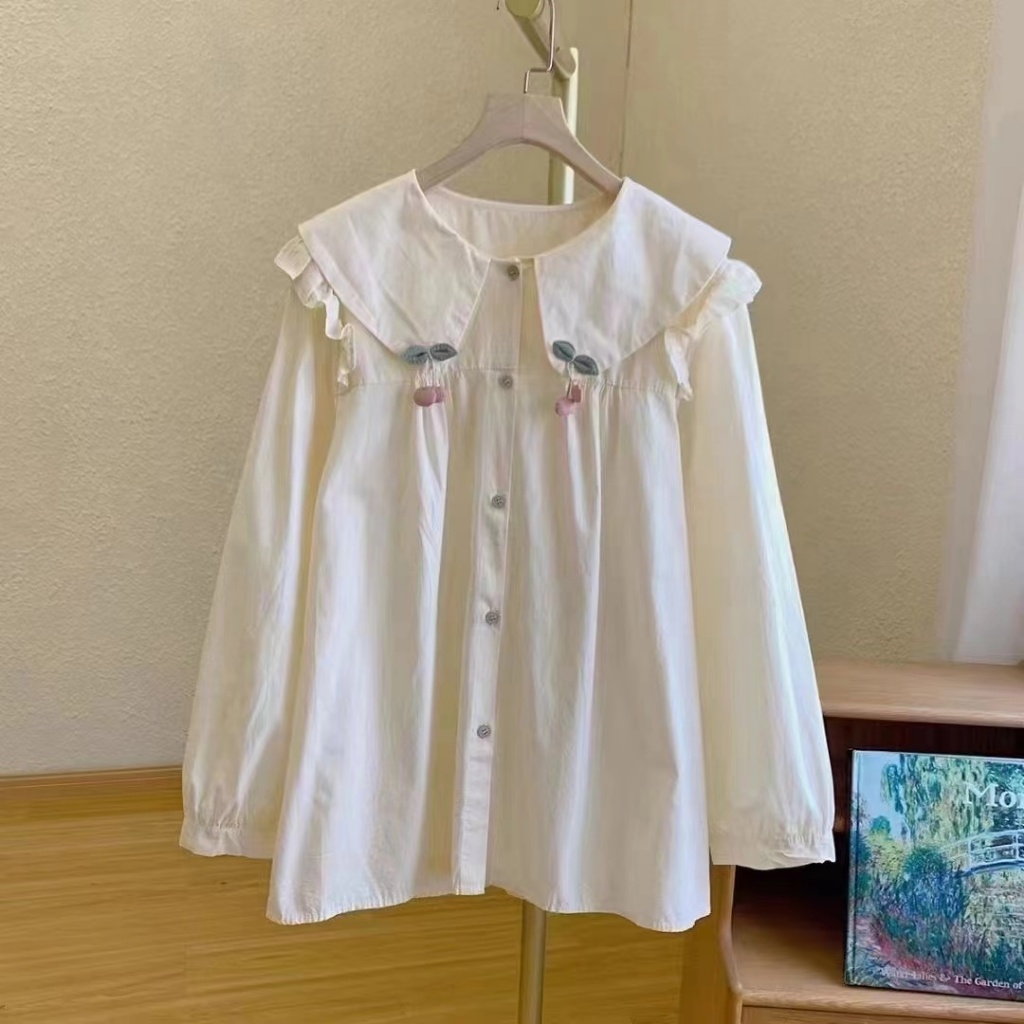 สไตล์เกาหลีผู้หญิงสุภาพสตรีหลวม Ruffle ตุ๊กตาเสื้อแขนยาวเสื้อแขนยาวเสื้อแขนยาว